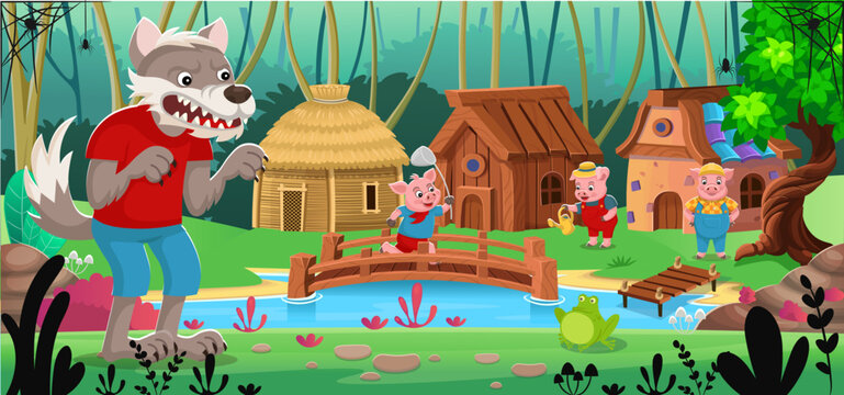 Scene from the fairy tale The Three Little Pigs. Three little pigs stand near their houses made of stone, straw, wood, and an angry, hungry wolf walks nearby. Funny cartoon characters.