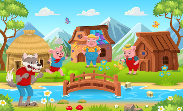 Scene from the fairy tale The Three Little Pigs. Three little pigs stand near their houses made of stone, straw, wood, and an angry, hungry wolf walks nearby. Funny cartoon characters.