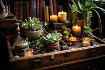 a rustic wooden coffee table adorned with succulents, candles, and vintage trinkets