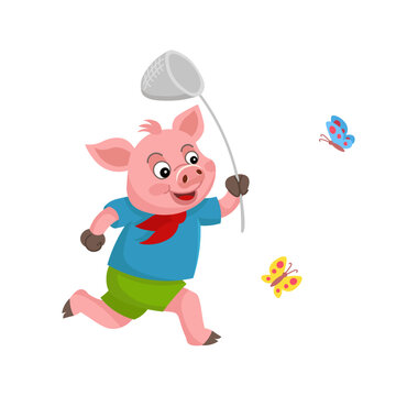 Cartoon pig running after butterflies with a net. The Three Little Pigs.
