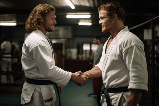 jiu-jitsu fighters shaking hands before a match - Powered by Adobe