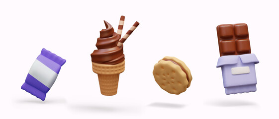 Set of sweets of different types. Realistic candy, ice cream, cookie, chocolate bar. Unlabeled wrappers, place for promotional logo, brand name. Isolated illustrations for categories of sweets shop