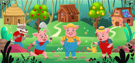 Obraz na płótnie Canvas Scene from the fairy tale The Three Little Pigs. Three little pigs stand near their houses made of stone, straw, wood, and an angry, hungry wolf walks nearby. Funny cartoon characters.