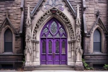 Fototapeta na wymiar a purple door with stained glass inserts in a gothic architecture building