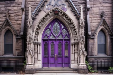 Obraz premium a purple door with stained glass inserts in a gothic architecture building