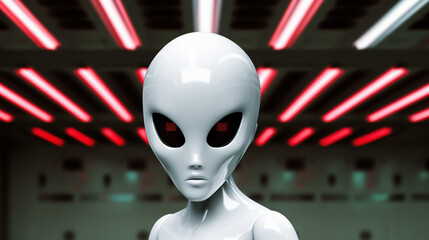Intimidating alien android robot with militant firmware malfunction walking in corridors of spaceship - dangerous and unfriendly towards humans - glowing red evil eyes - science fiction horror. 