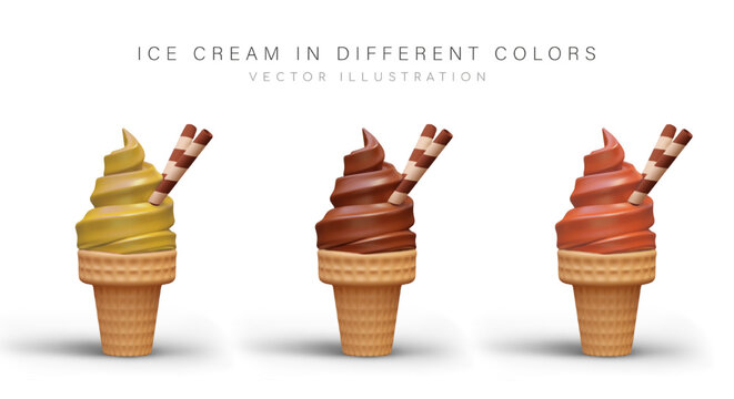 Soft ice cream in waffle cone with cookie tubes. Luxurious decorated cold dessert. Set of realistic illustrations of different colors. Summer sweets, fast food