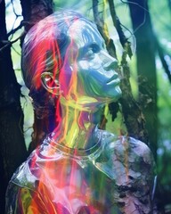 An artistic depiction of a woman's face overlaid with vivid, rainbow-like reflections in a forest setting