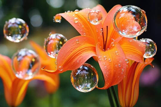 a cluster of bubbles clinging to a vibrant orange lily in a garden