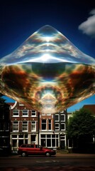 A giant, transparent crystal reflects and distorts the image of the city and street below it - obrazy, fototapety, plakaty