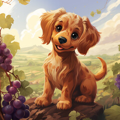 Cachorro marrom fofo no pé de uvas roxas - Ilustração infantil