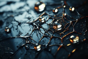  a close up of a water droplet on a black surface with drops of water on the surface and on the top of the droplet of the droplet. - obrazy, fototapety, plakaty