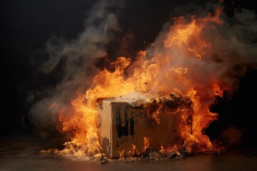 a close shot of a burning cardboard box, flames and smoke visible - obrazy, fototapety, plakaty