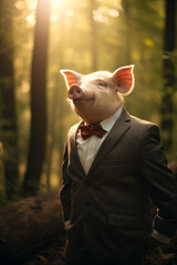 Porco vestido com um terno elegante e uma bela gravata. Retrato fashion de um animal antropomórfico posando com uma atitude humana - obrazy, fototapety, plakaty
