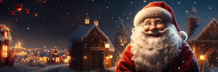 Santa Claus, Magic Christmas In Snowy Night. Banner, greeting card