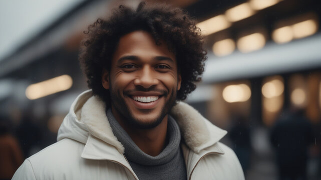 A smiling young black man wearing winter clothes
