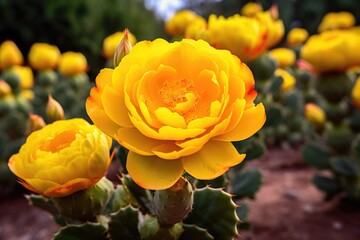 a close-up shot of a prickly pear cactus blooming with yellow flowers