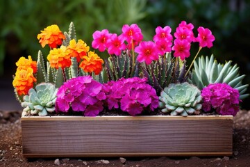 a variety of cacti with vivid flowers in a rectangular wooden planter