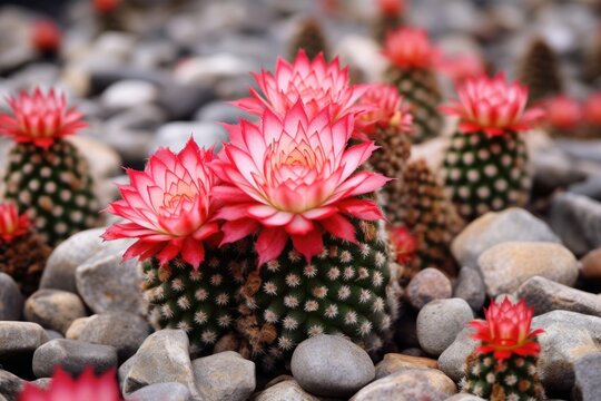 close-up shot of a blooming cactus surrounded by pebbles