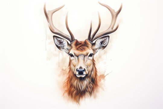  a watercolor painting of a deer's head with antlers on it's head, on a white background, with a brown spot in the foreground.
