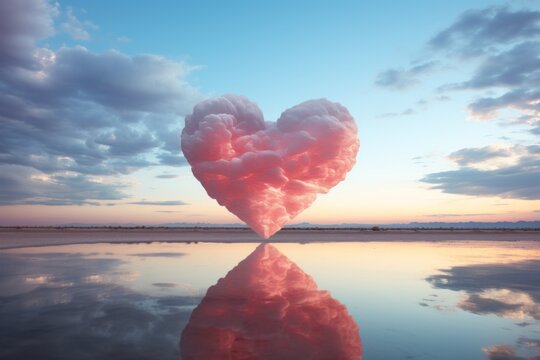  a heart shaped cloud floating on top of a body of water under a blue sky with clouds in the shape of a heart with a reflection in the water surface.
