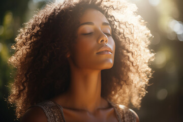 Portrait of a beautiful mixed race woman with curly brown hair in the sunlight in the field - Powered by Adobe