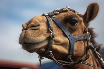 close-up shot of a camels head with racing harness