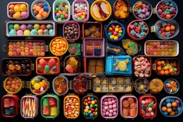 an array of different lunchboxes, each filled with a variety of candies