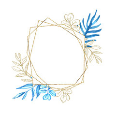 Eucalyptus line art, gold glitter and blue watercolor leaves geometry frame for card or invitation, vector illustration, isolate on white background