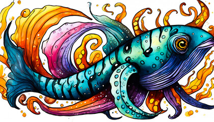 Deep-sea creatures in gouache with white background - obrazy, fototapety, plakaty