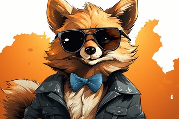  a drawing of a raccoon wearing sunglasses and a leather jacket with a blue bow tie and a leather jacket with a leather jacket and a blue bow tie.
