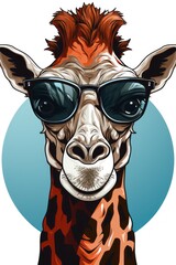  a giraffe with sunglasses on it's head and a blue circle around it's neck, with the image of a giraffe wearing sunglasses on it's head.