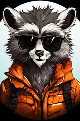  a drawing of a raccoon wearing sunglasses and an orange jacket with a white circle in the background that says raccoon on the front of the image.