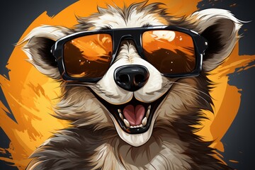  a close up of a raccoon wearing sunglasses with a background of a full moon and the words racoon written in the upper corner of the image. - obrazy, fototapety, plakaty