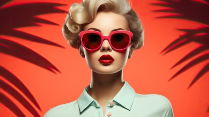 Portrait pin up avec lunette rouge et fond été année 60