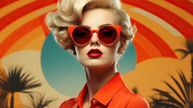 Portrait pin up avec lunette rouge et fond &eacute;t&eacute; ann&eacute;e 60