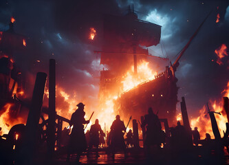 Fototapeta premium AI generated Illustration of a Pirate Ship Battle at Night