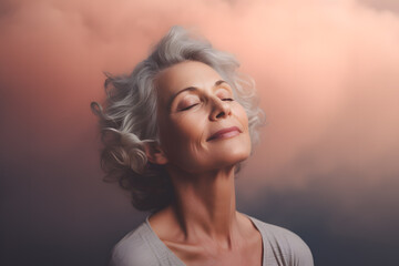 Beautiful gorgeous mid age beautiful elderly senior model woman with grey hair. Mature old lady close up portrait. Gradient background. Healthy face skin care beauty, skincare cosmetics