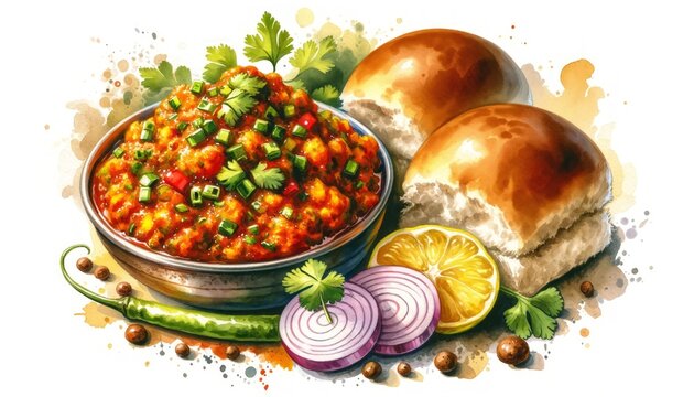 A watercolor illustration of Pav Bhaji, featuring spicy vegetable mash served with buttered bread rolls. The painting captures the colorful bhaji garnished with onions, cilantro, and lemon, highlighti