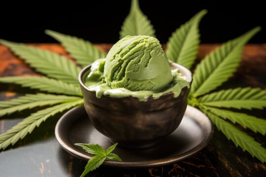 a cannabis leaf on top of a bowl of cannabis-infused ice cream