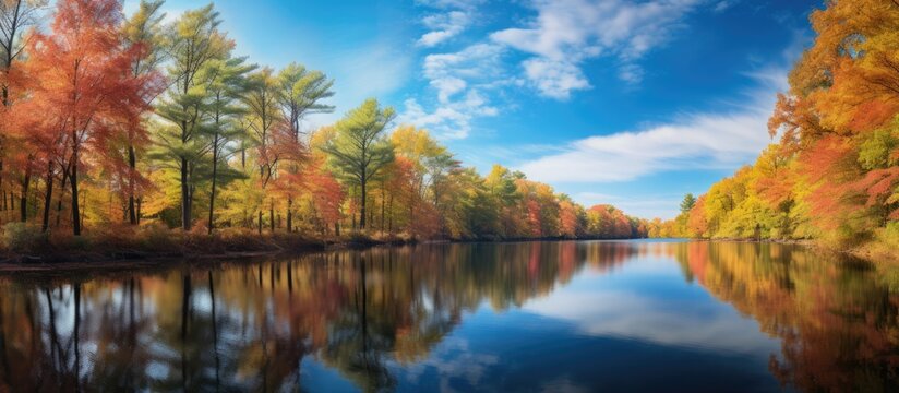 In the midst of the serene forest, a tapestry of vibrant colors unfolds as the autumn leaves paint a breathtaking and colorful landscape beneath the clear blue sky, enhancing the beauty of nature with