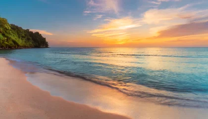 Poster closeup sea sand beach panoramic beach landscape inspire tropical seascape waves horizon colorful sunset sky calm serenity tranquil relaxing sunlight summer coast vacation travel beautiful banner © Ashley