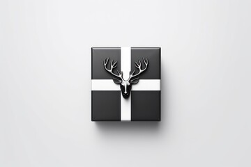  a black and white gift box with a deer's head on it and a white and black striped ribbon around the bottom of the box is a black and white stripe.