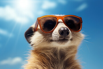  a close up of a meerkat wearing sunglasses with a blue sky in the back ground and clouds in the back ground and a blue sky in the background.