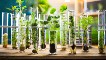 many green plants in test tubes generative ai - obrazy, fototapety, plakaty