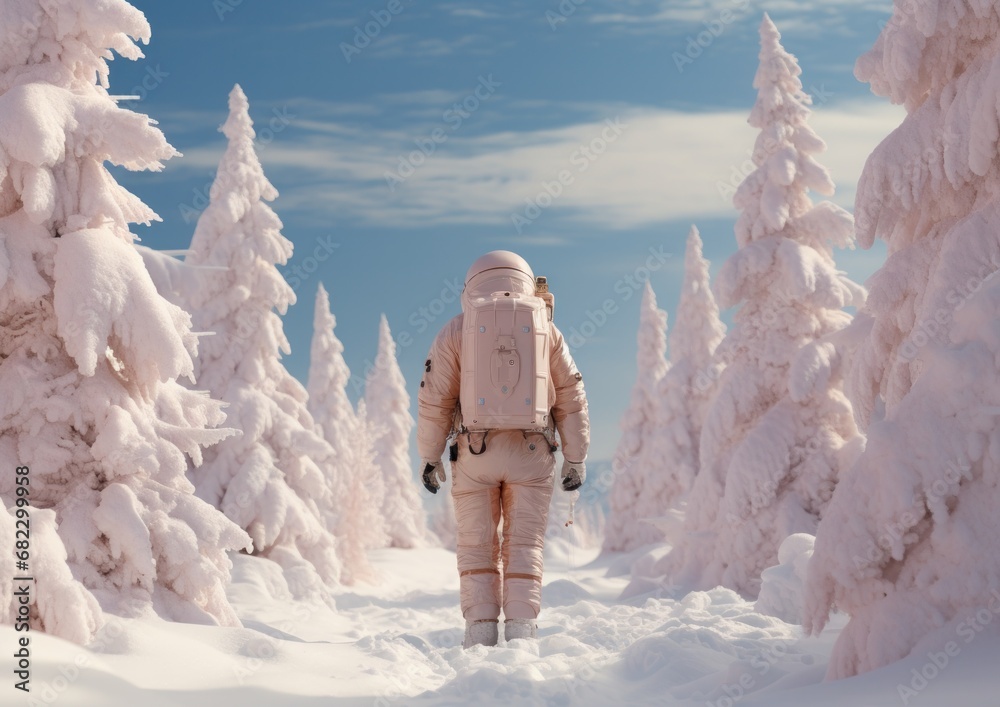 Wall mural a lone astronaut in a suit is seen from behind, walking down a path lined with snow-laden trees