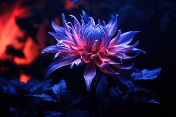  a close up of a purple and red flower with leaves in the foreground and a red and blue fire in the back ground in the middle of the background.