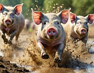 泥の中を走るたくさんの豚