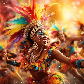 A lively carnival parade provides a festive and celebratory background