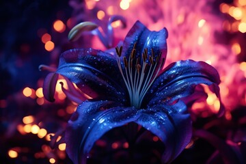  a close up of a blue flower with a lot of lights in the back ground behind it and a lot of blurry lights in the back ground behind it.